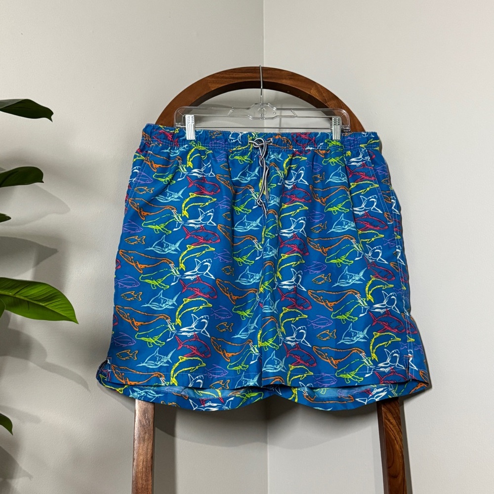 Peter Millar XXL Blue Shark Whale Printed Lined Swim Trunks